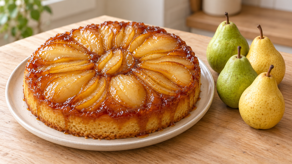 Tarta invertida de peras: receta con caramelo casero