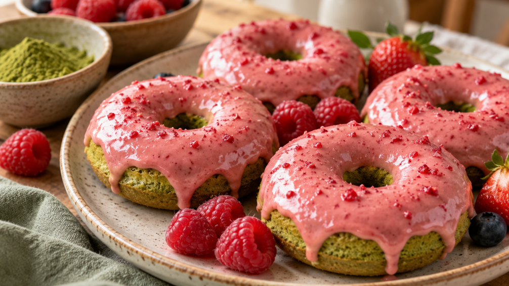 Donuts de matcha al horno con glaseado de frambuesa